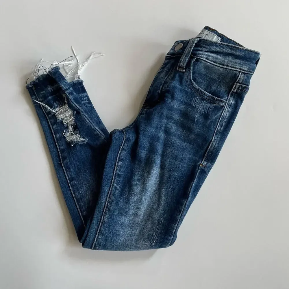KanCan Girls High Rise Skinny Jeans Size 5 Blue Frayed Hem